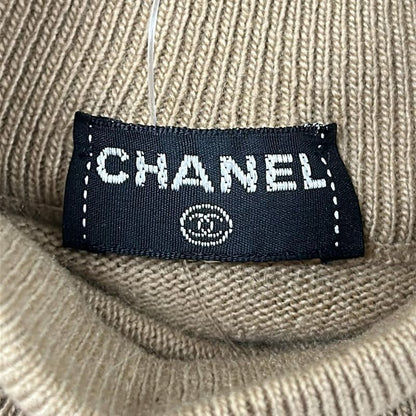 Chanel Long Sleeve Sweater 2 M Light Brown Black Ivory Clover Button Cashmere
