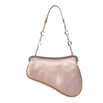 Dior Handbag Saddle Pouch Pink Beige 2-Way Chain Handle Leather