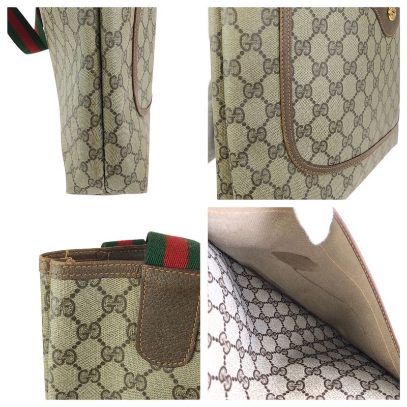Gucci Vintage Sherry Line Beige Brown GG Supreme Canvas Leather Tote