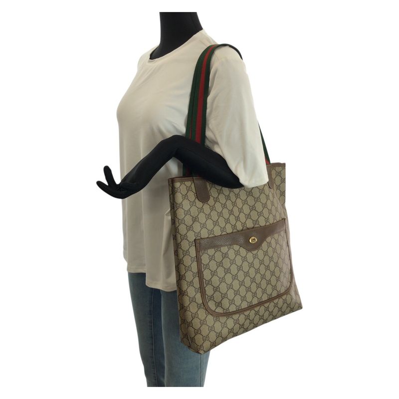 Gucci Vintage Sherry Line Beige Brown GG Supreme Canvas Leather Tote