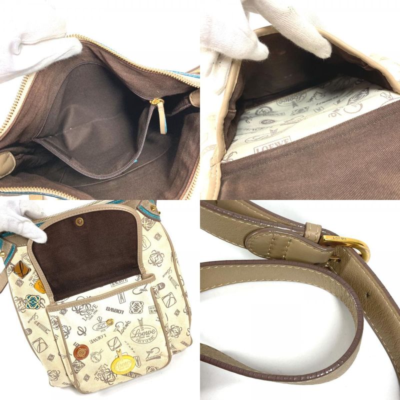 Loewe Shoulder Bag Anniversary Logo Leather Canvas Beige