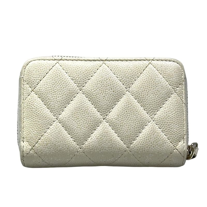 Chanel Coin Case Quilted White Gold Zip Around CC Logo