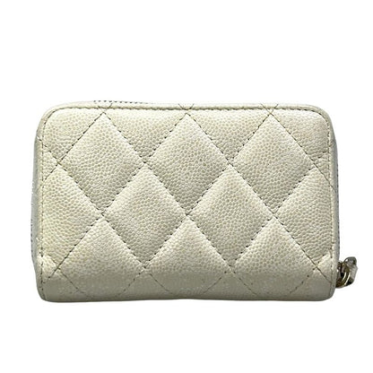 Chanel Coin Case Quilted White Gold Zip Around CC Logo
