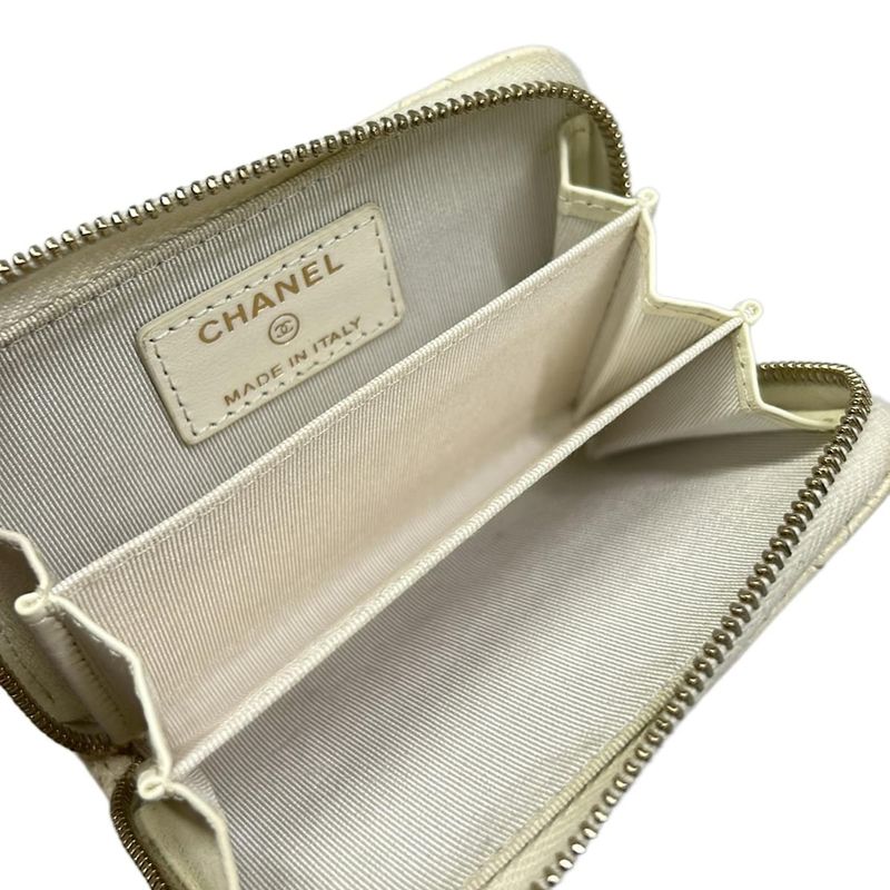Chanel Coin Case Quilted White Gold Zip Around CC Logo