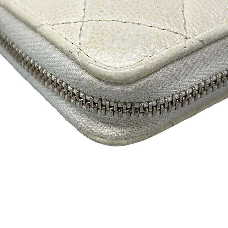Chanel Coin Case Quilted White Gold Zip Around CC Logo