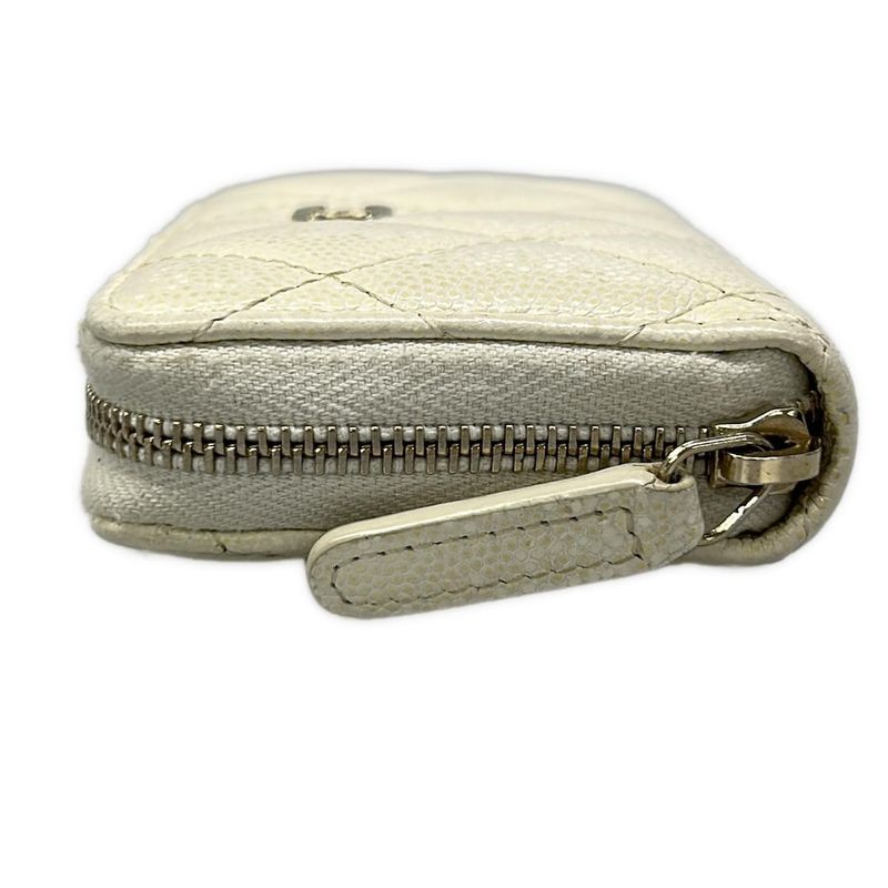 Chanel Coin Case Quilted White Gold Zip Around CC Logo