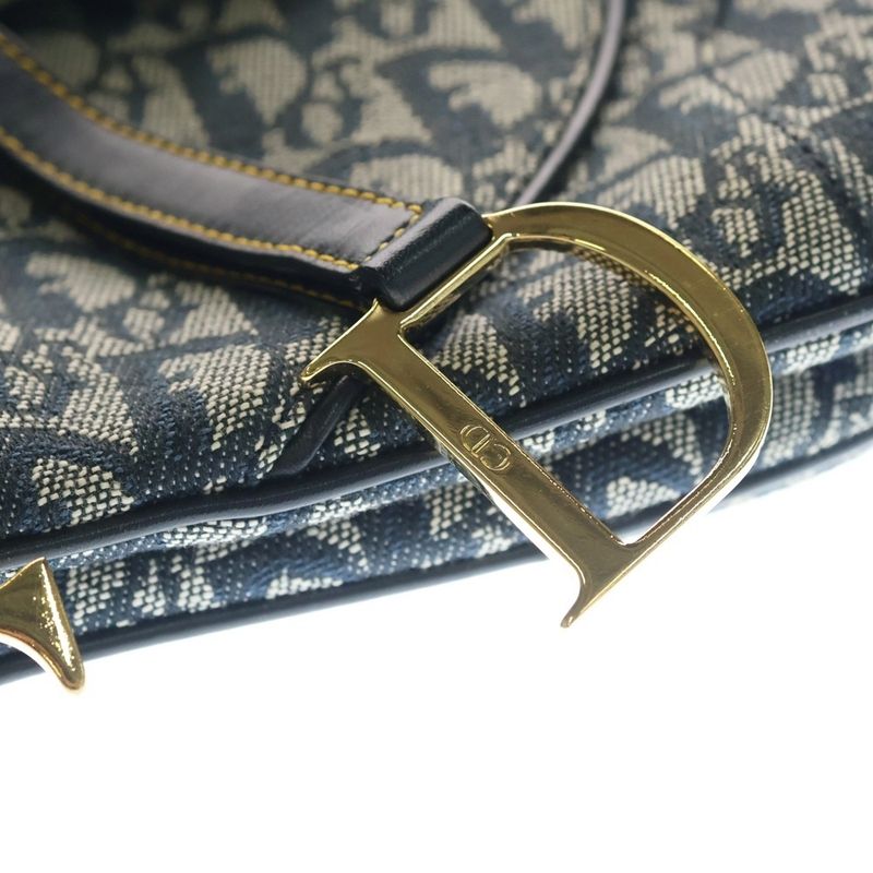 Dior Trotter Pattern Double Saddle Canvas Leather Shoulder Bag Gold Navy