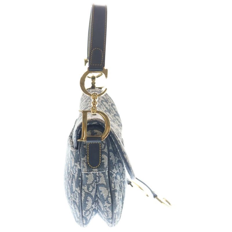 Dior Trotter Pattern Double Saddle Canvas Leather Shoulder Bag Gold Navy