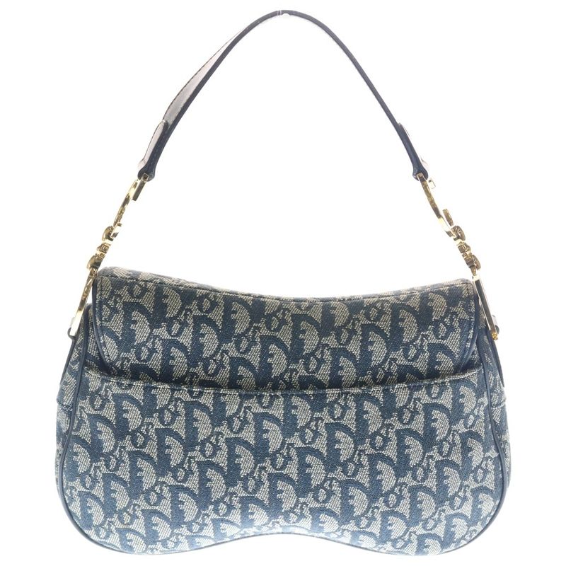 Dior Trotter Pattern Double Saddle Canvas Leather Shoulder Bag Gold Navy
