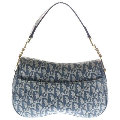 Dior Trotter Pattern Double Saddle Canvas Leather Shoulder Bag Gold Navy