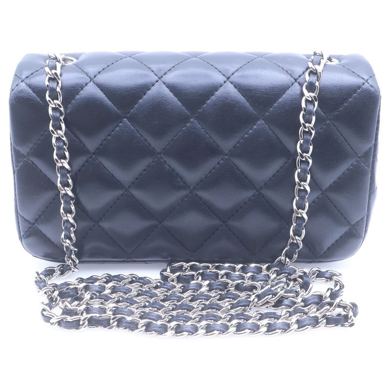 Chanel Mini Quilted Single Chain Shoulder Bag Black Lambskin Silver