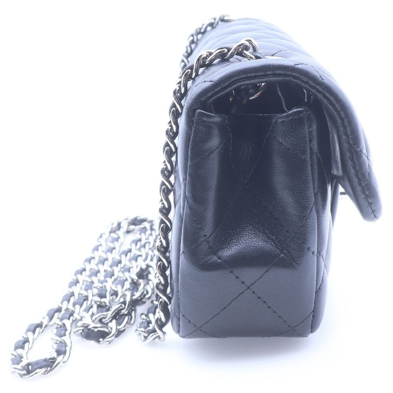 Chanel Mini Quilted Single Chain Shoulder Bag Black Lambskin Silver