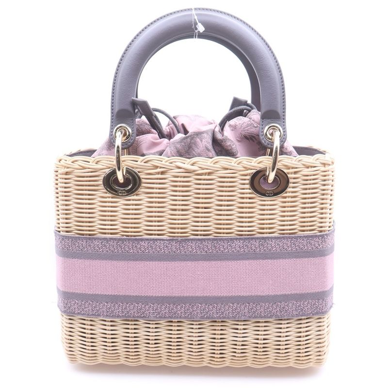 Dior Lady Wicker 2-Way Shoulder Bag Beige Pink Raffia