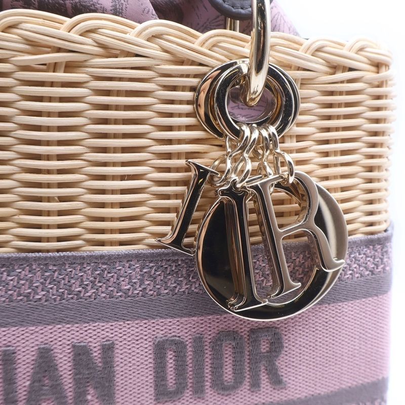 Dior Lady Wicker 2-Way Shoulder Bag Beige Pink Raffia