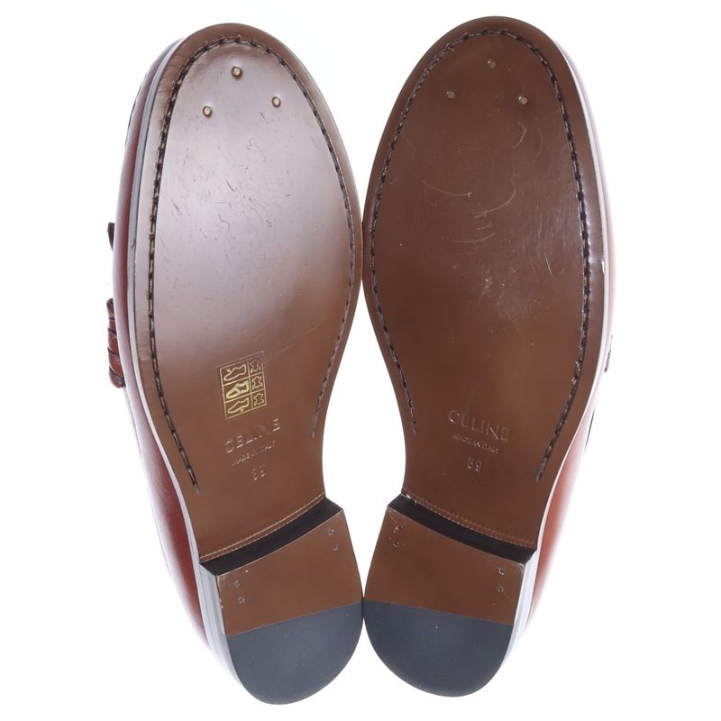 Celine Luco Triomphe Maillon Fringe Bit Loafers Leather Shoes Brown