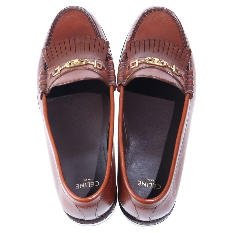Celine Luco Triomphe Maillon Fringe Bit Loafers Leather Shoes Brown