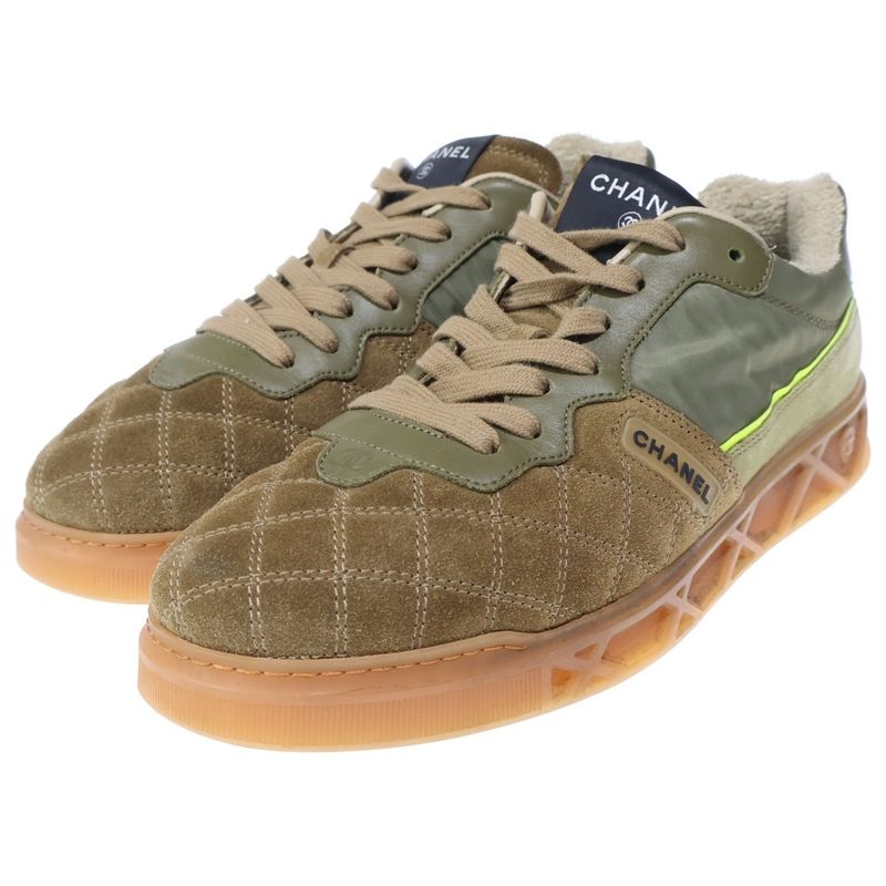 Chanel Logo Rubber Suede Low Cut Sneakers Khaki