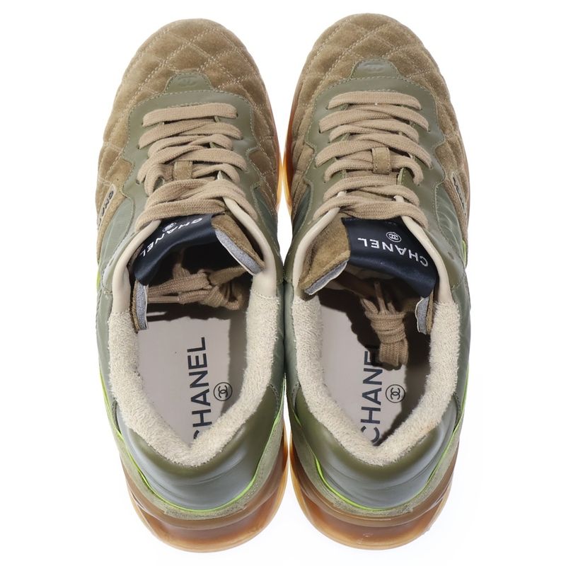 Chanel Logo Rubber Suede Low Cut Sneakers Khaki