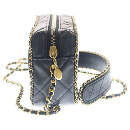 Chanel Mini Camera Lambskin Leather Chain Shoulder Bag Gold Black Plate