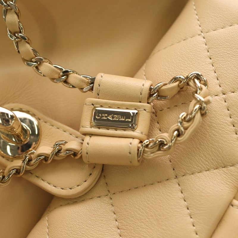 Chanel Quilted CC Logo Turnlock Lambskin Leather Backpack Beige Plate