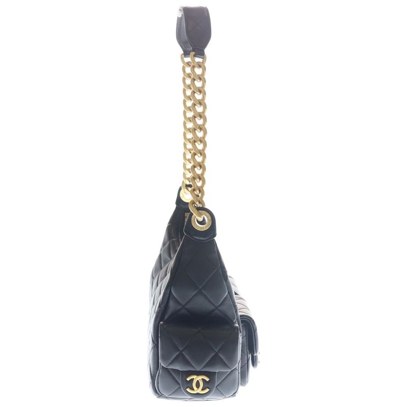 Chanel Quilted Hobo Large Lambskin Leather Shoulder Bag Gold Black Plate