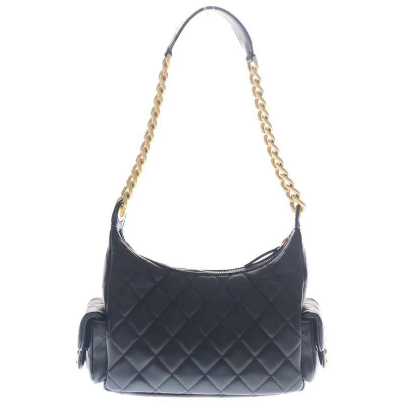 Chanel Quilted Hobo Large Lambskin Leather Shoulder Bag Gold Black Plate