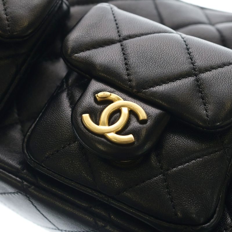 Chanel Quilted Hobo Large Lambskin Leather Shoulder Bag Gold Black Plate