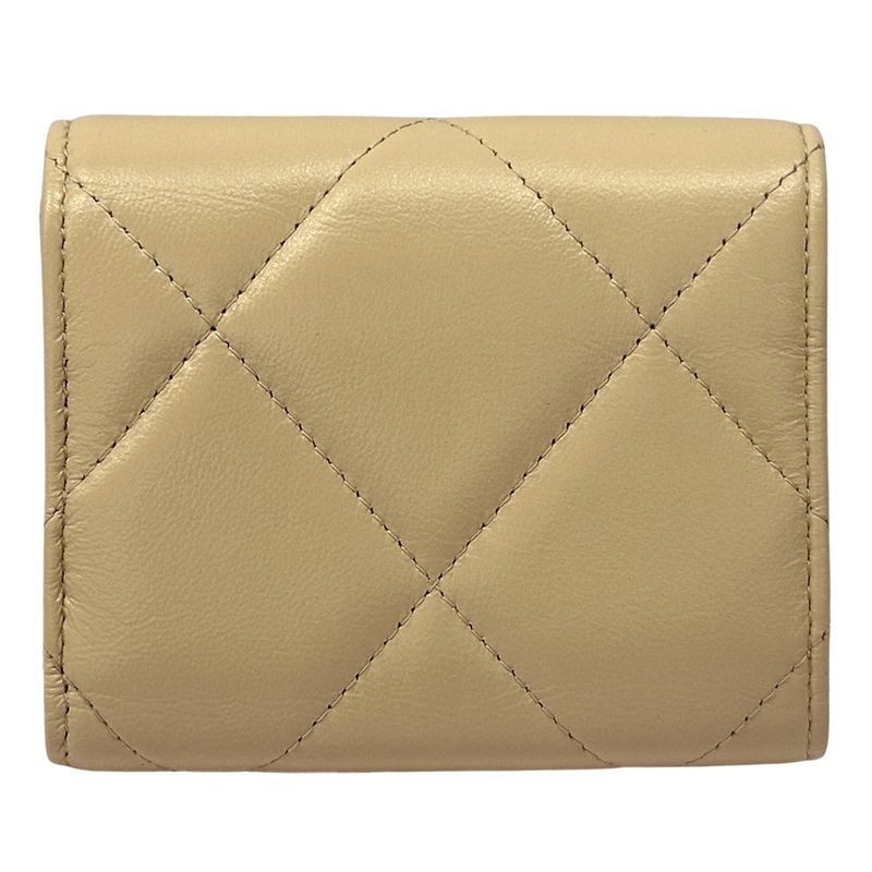Chanel Wallet 19 Bifold Lambskin Beige Gold CC Logo Quilted Trifold Compact