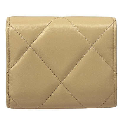 Chanel Wallet 19 Bifold Lambskin Beige Gold CC Logo Quilted Trifold Compact