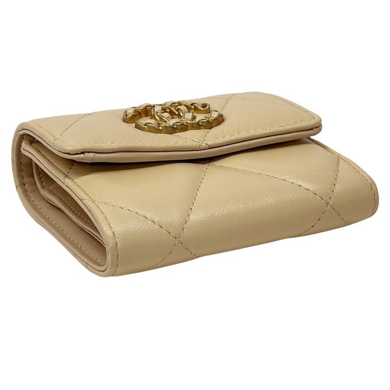 Chanel Wallet 19 Bifold Lambskin Beige Gold CC Logo Quilted Trifold Compact