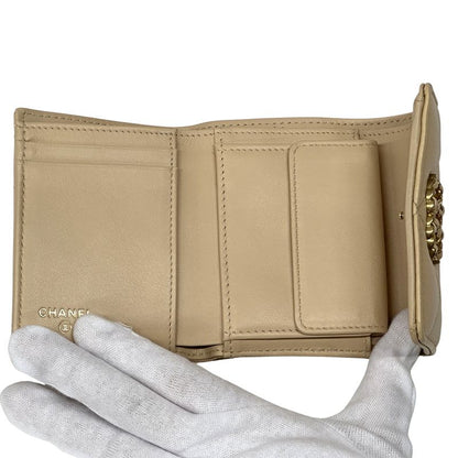 Chanel Wallet 19 Bifold Lambskin Beige Gold CC Logo Quilted Trifold Compact