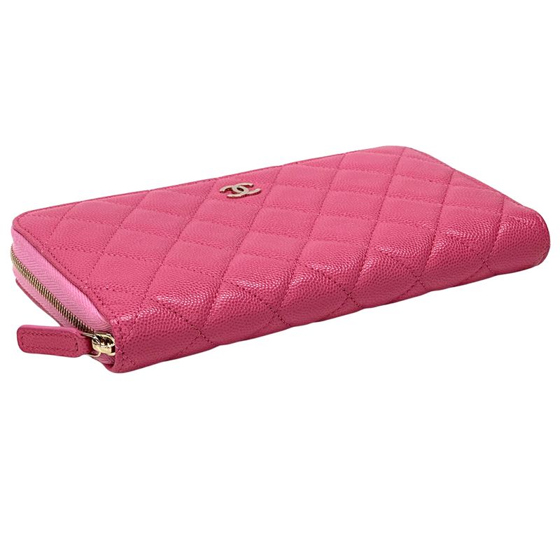 Chanel Wallet Quilted Caviar Leather Pink Gold Zip Around