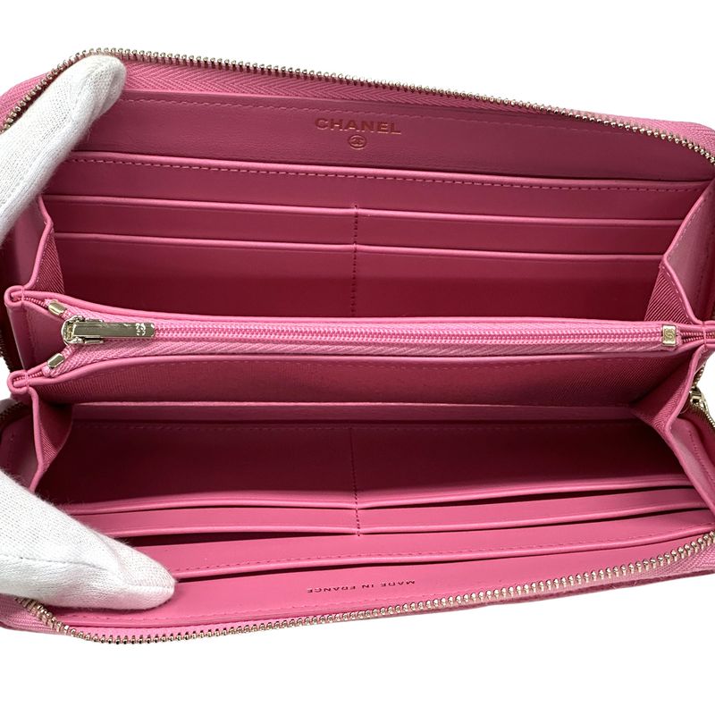 Chanel Wallet Quilted Caviar Leather Pink Gold Zip Around
