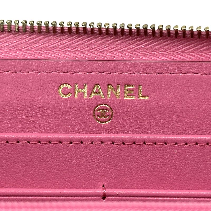 Chanel Wallet Quilted Caviar Leather Pink Gold Zip Around