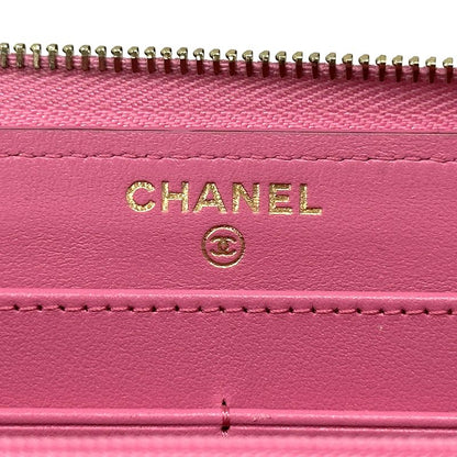 Chanel Wallet Quilted Caviar Leather Pink Gold Zip Around