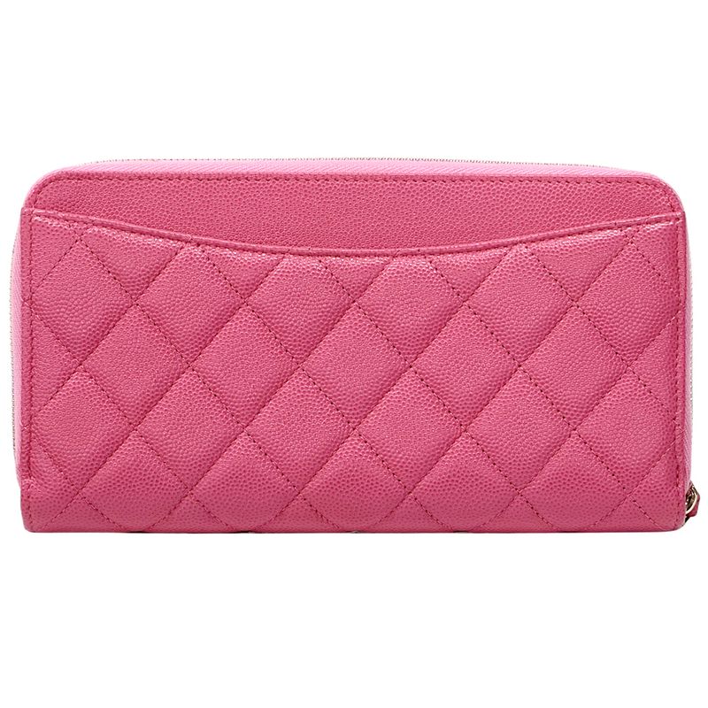 Chanel Wallet Quilted Caviar Leather Pink Gold Zip Around