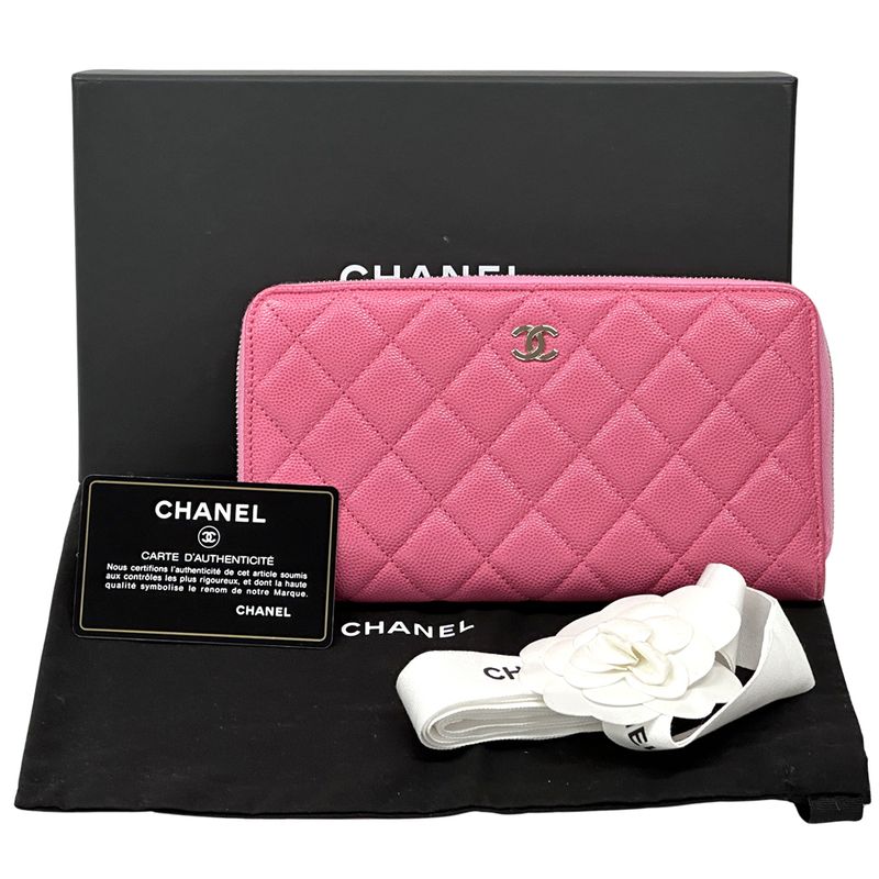 Chanel Wallet Quilted Caviar Leather Pink Gold Zip Around
