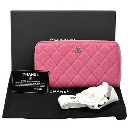 Chanel Wallet Quilted Caviar Leather Pink Gold Zip Around