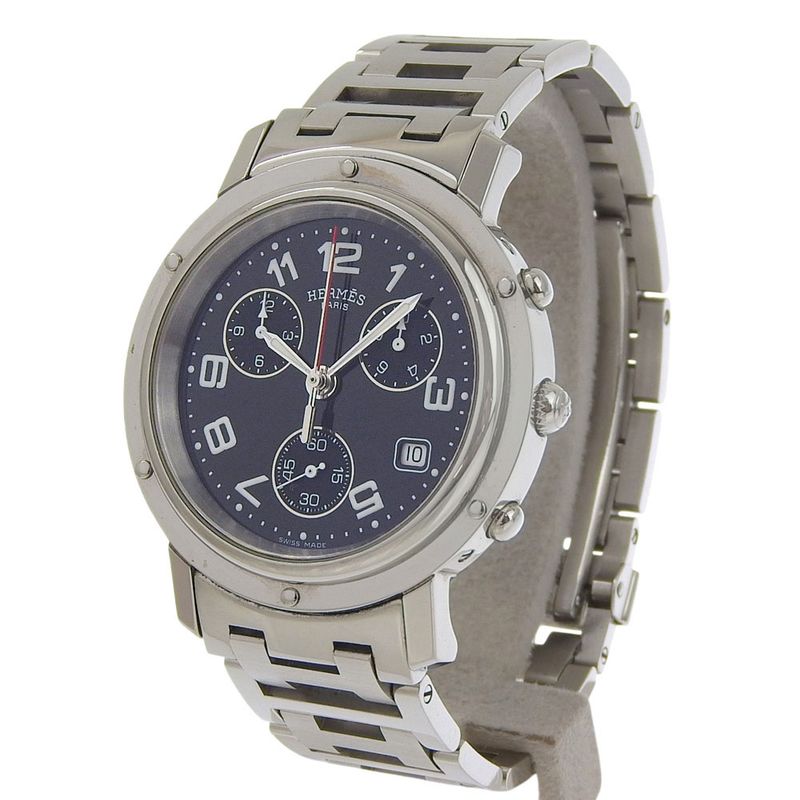 Hermes Clipper Stainless Steel Quartz Chronograph Black Dial Watch