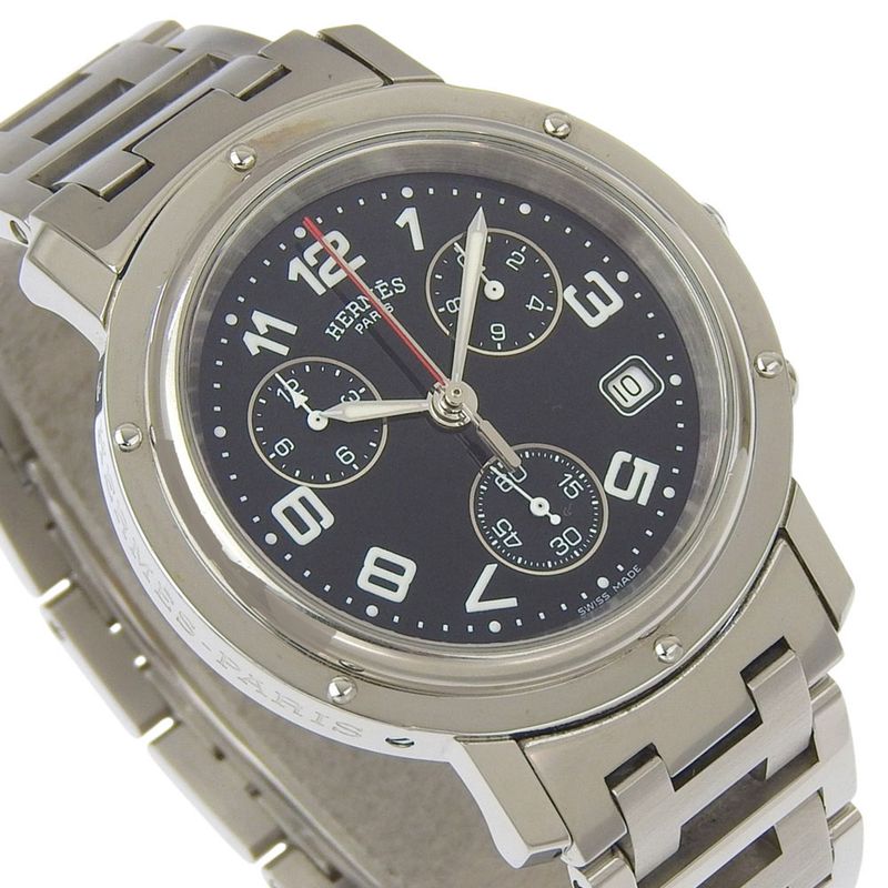 Hermes Clipper Stainless Steel Quartz Chronograph Black Dial Watch