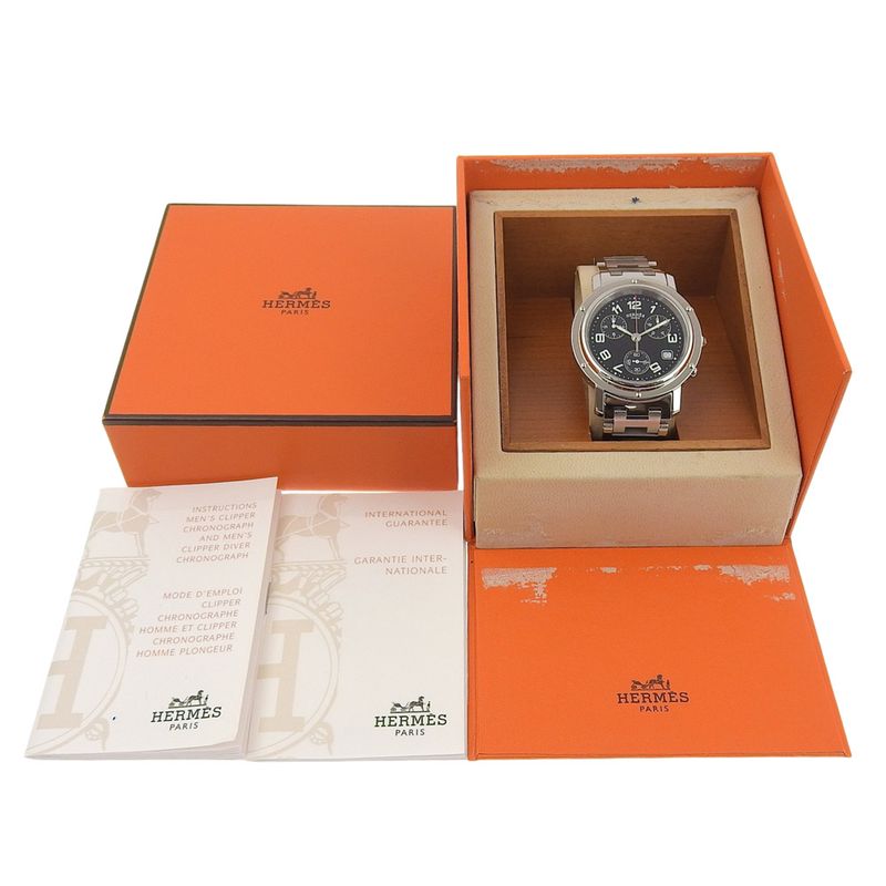Hermes Clipper Stainless Steel Quartz Chronograph Black Dial Watch