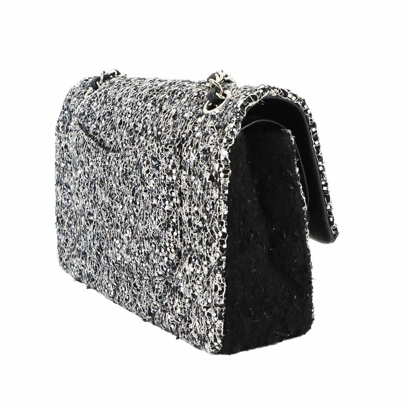 Chanel Quilted Chain Shoulder Bag Tweed Sequin Black Gray