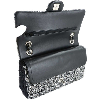 Chanel Quilted Chain Shoulder Bag Tweed Sequin Black Gray