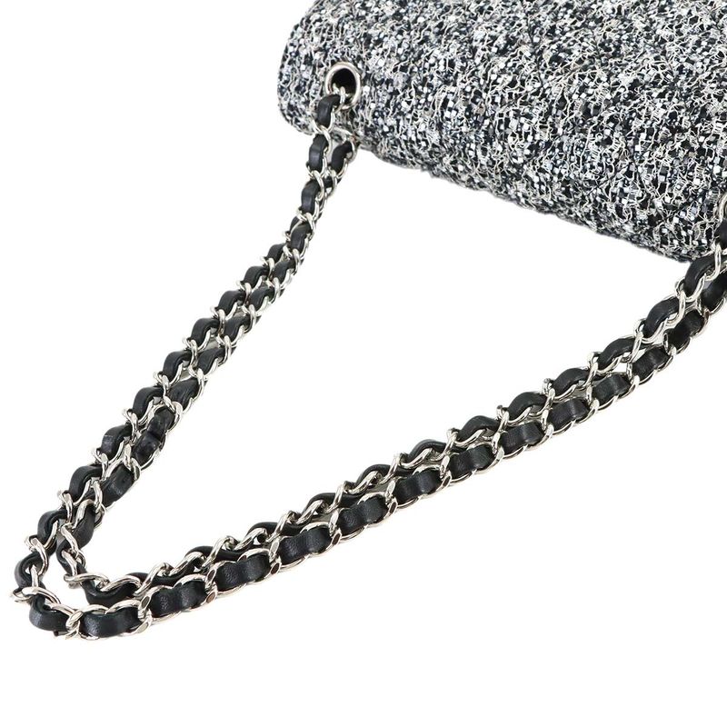 Chanel Quilted Chain Shoulder Bag Tweed Sequin Black Gray