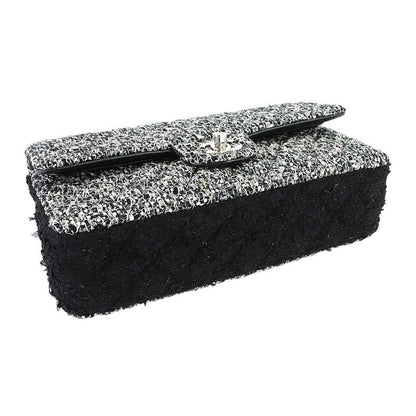 Chanel Quilted Chain Shoulder Bag Tweed Sequin Black Gray