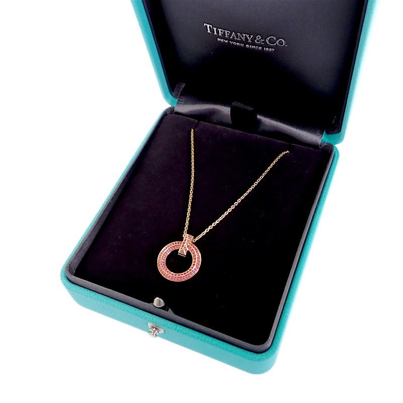 Tiffany & Co T One Mini Circle Pendant Necklace 18k Rose Gold Pink Saffiano