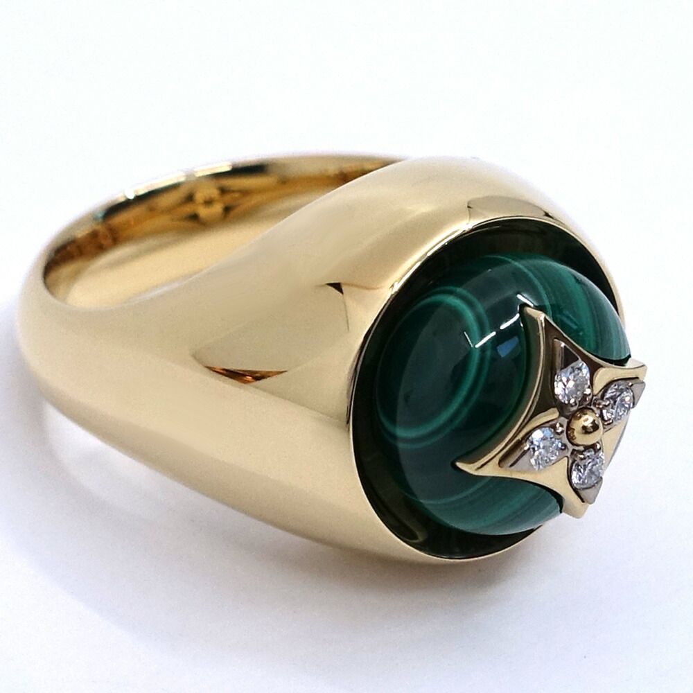 Louis Vuitton Signet Ring 55 18k Yellow Gold Malachite Diamond