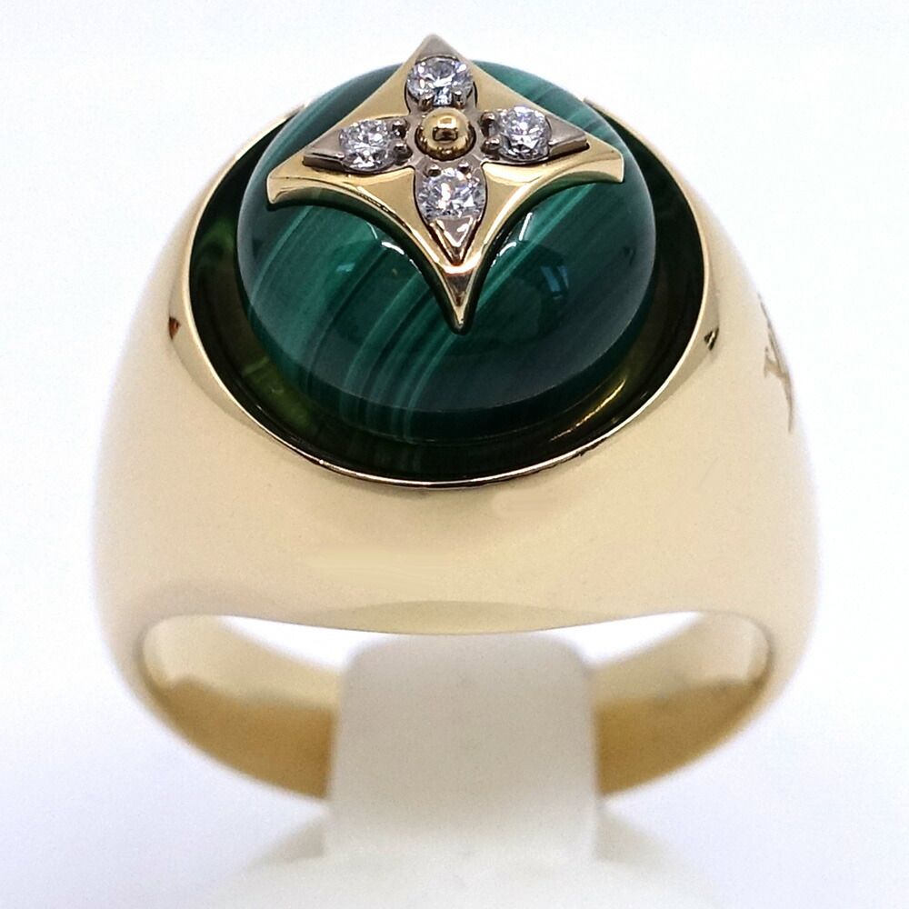 Louis Vuitton Signet Ring 55 18k Yellow Gold Malachite Diamond