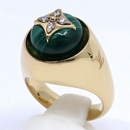 Louis Vuitton Signet Ring 55 18k Yellow Gold Malachite Diamond