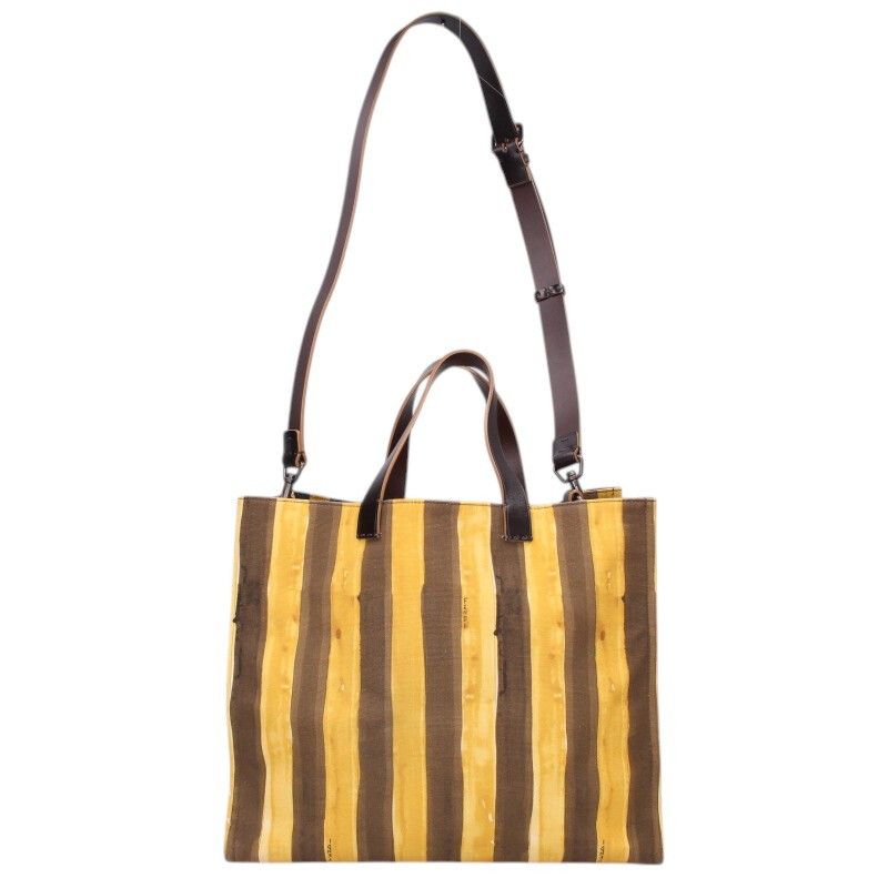 Fendi Ohf Striped Canvas Leather Handle Shoulder Tote